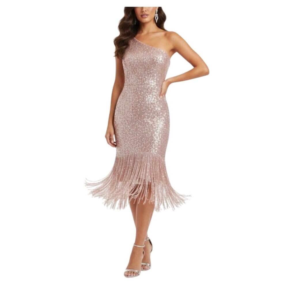 AQUA Sequined One Shoulder Fringed Hem Midi Sheath Cocktail Dress Pink Size 4